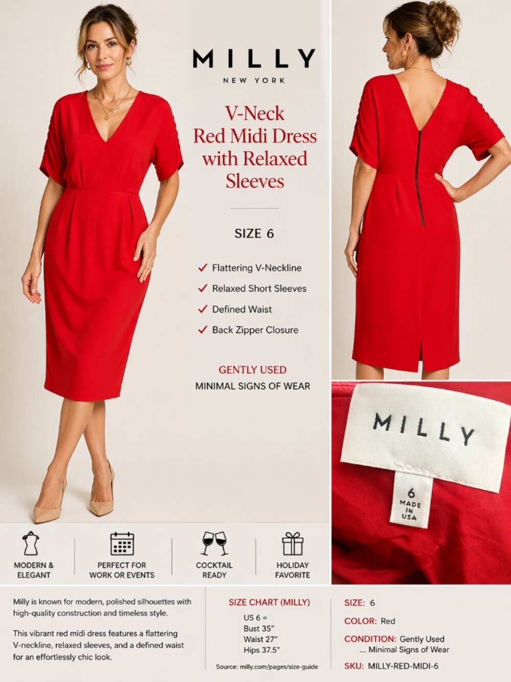 Milly Red V-Neck Midi Dress Size 6 Relaxed Fit